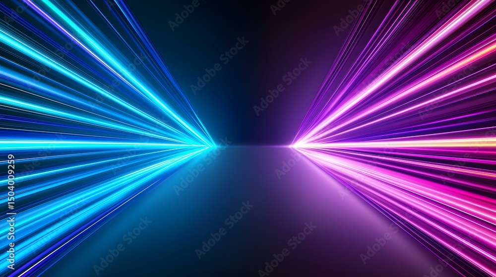 Poster the image contains vibrant, radiating lines of blue and purple light converging at a central point, 