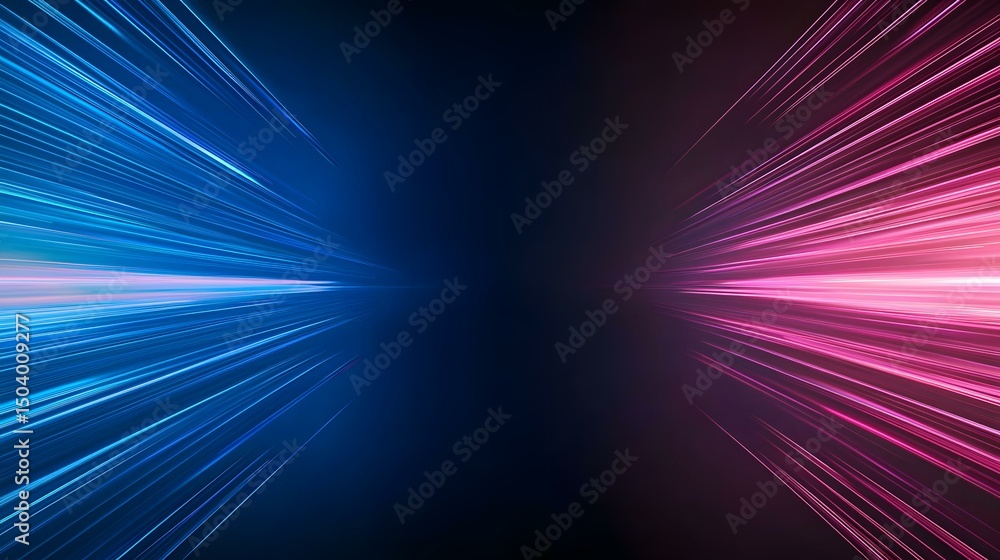 Poster the image contains abstract streaks of bright blue and pink light converging towards a dark center, 