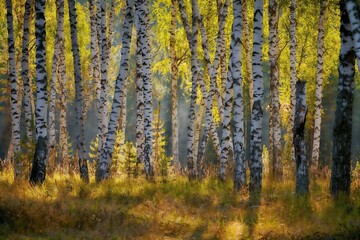 Obraz premium Birch trees in sunlight with golden grass in a tranquil forest 