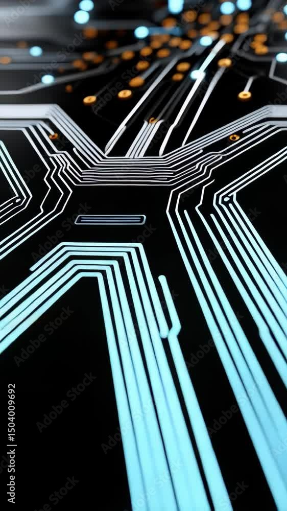 Poster futuristic abstract computer circuit board design with glowing lights, representing technology and d