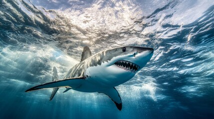 Fototapeta premium 20.A dramatic illustration of a great white shark mid-swim, its sleek gray body and white underside highlighted by sharp details and its powerful jaws slightly open.