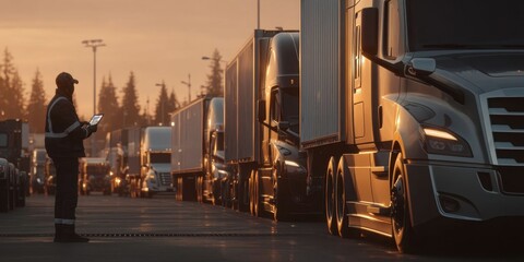 Man Using Tablet Overlooking Semi Trucks at Sunset