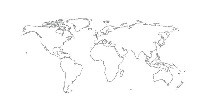 Detailed vector illustration of a world map showing continents, countries, and natural features; oceans and seas .