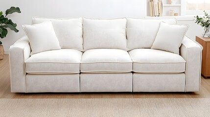 Fototapeta premium Spacious Living Room Featuring a Comfortable White Sofa with Textured Fabric and Decorative Pillows