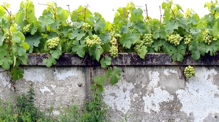 Lush Green Grapes Growing on a Weathered Concrete Wall Surrounded by Vibrant Green Leaves