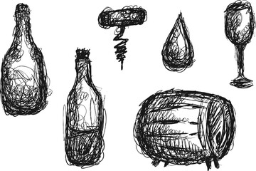 Hand drawn sketches wine elements in doodle outline style. Bottle, wine glass, drop, barrel, corkscrew. Vector illustration.