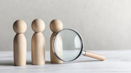Magnifying glass focuses on a single wooden figure in a row.