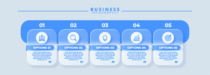 Design template for vector infographic labels with icons and 5 options or steps. Suitable for process diagrams, presentations, workflow layouts, banners, flow charts, and infographics.