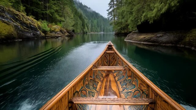 Canoe's prow glides through calm green waters amidst evergreen trees, shrouded by a misty forest landscape from a boat perspective.