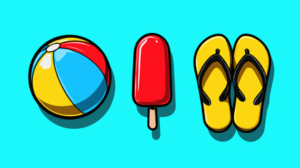 Summer beach essentials showcase beach ball, popsicle, and flip flops on vibrant blue background