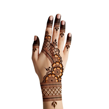 Traditional henna mehndi design on hand, isolated on transparent background