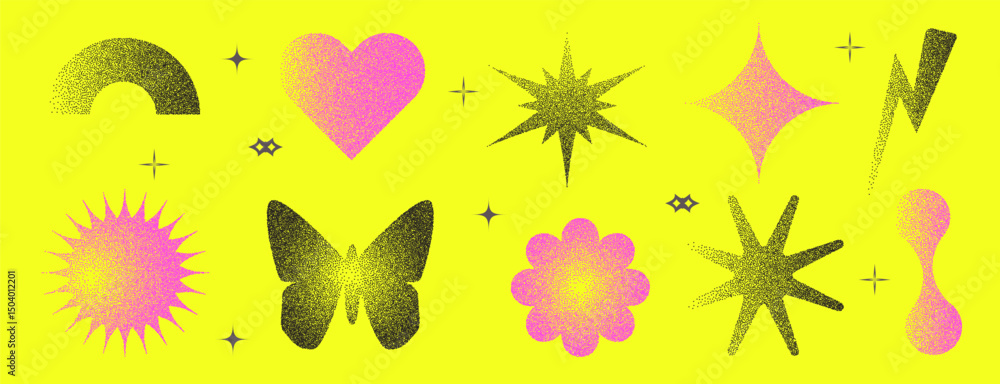 Aufkleber geometric figures with grain noise gradient texture. y2k retro stippling forms set. butterfly, heart