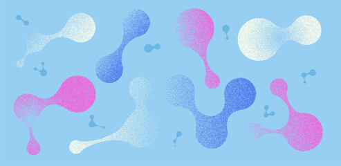Organic colorful connection figures with grain noise gradient texture. Y2k retro stippling metaball molecule forms set. Nano biology icons on blue background. Vector gritty gradation illustration.