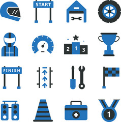 Auto Racing illustration set. Includes of car race, racing car, motorsport, speed, race track, checkered flag, and More. Vector flat color collection