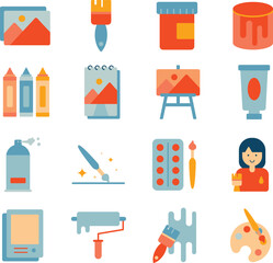 Art Design illustration set. Includes of creative art, graphic design, drawing, painting, digital art, brush, palette, color wheel, and More. Vector flat color collection