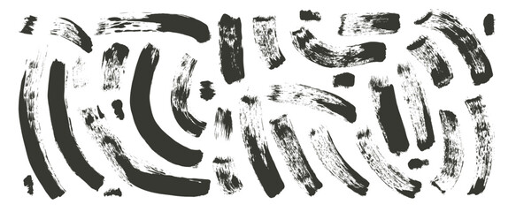 Rough wavy brush stroke lines. Hand drawn black ink vector long shapes. Paintbrush linear scribble elements set isolated on white background. Marker thick grunge curved strips.