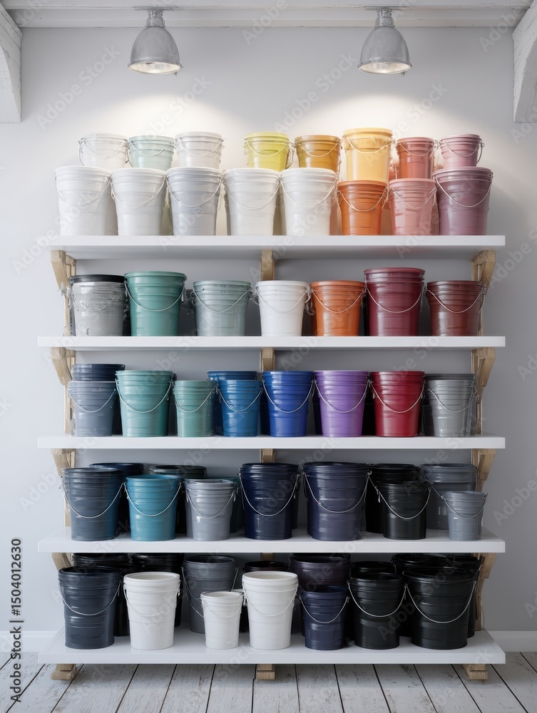Aufkleber Colorful Display of Facade Paint Buckets on Shelves Illuminated by Spotlight With Open Top Layout Showcasing Various Shades