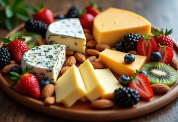 variety cheeses platter vibrant fruits nuts arrangement gourmet cheese board fresh colorful medley, assortment, selection, cheddar, brie, blue, goat, fig
