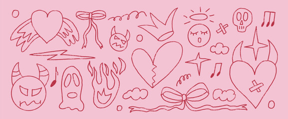 Rock and roll girly crayon drawn set. Punk coquette breaking heart and devil with angel doodle background. Scribble grunge poster elements. Heart, crown and sketch graffiti art. Vector illustration.