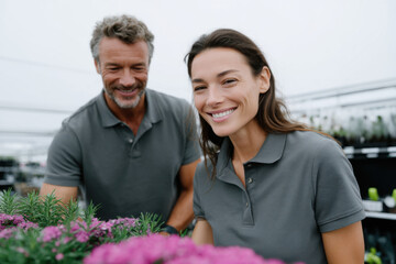 Nursery workers taking care of plants in greenhouse