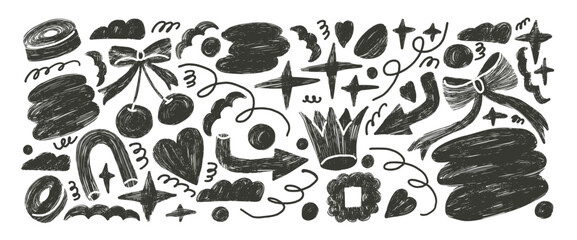 Abstract silhouette shapes charcoal drawn set. Naive black color doodle figures on white background. Crown, cherry, heart and geometric forms sketch linocut elements. Vector illustration by pencil.