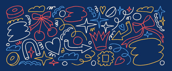 Abstract graphic line art shapes crayon drawn set. Naive multi colors stickers figures on dark background. Crown, cherry, clouds and geometric forms sketch elements. Vector illustration by pencil.