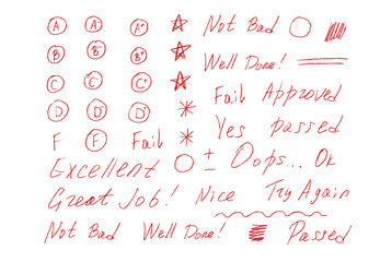 Exam letters grade marks crayon doodle style set. School test results hand drawn sings. Teacher scores for homework. Vector handwritten qualification rating and correction symbols isolated on white.