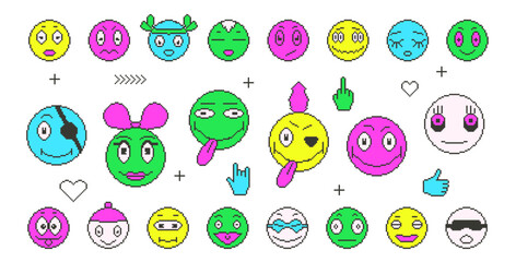 Pixel art game faces with smiles. 8 bit retro characters elements. Pixel 90s funny expression style. Vector laugh and happy y2k round stickers set isolated on white background..