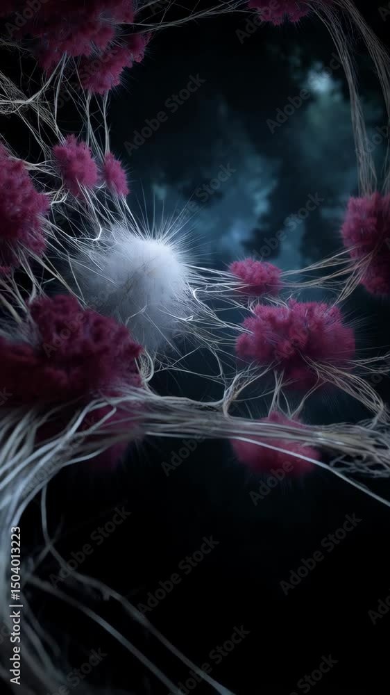 Poster detailed abstract render showing neural network structure with a bright white center cell and dark m