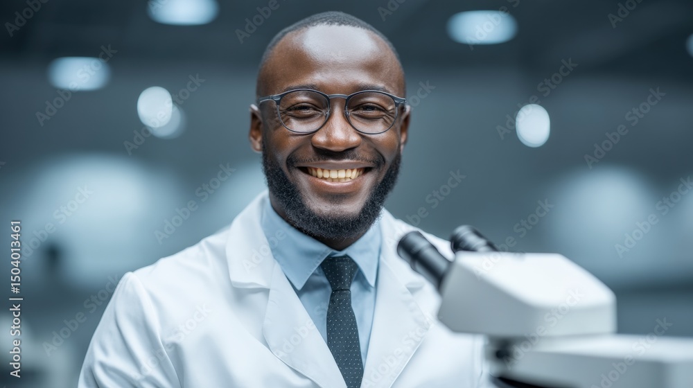 Aufkleber happy scientist in lab coat using microscope smiling researcher in modern laboratory