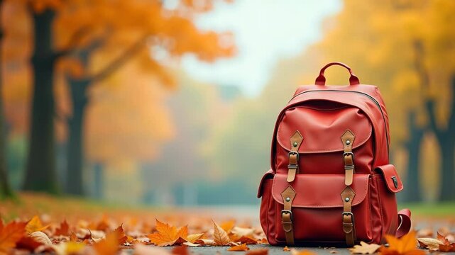 Beautiful school backpack against the background of an autumn landscape with yellowed leaves, the atmosphere of the onset of autumn and a new school year, background for the theme of returning to scho