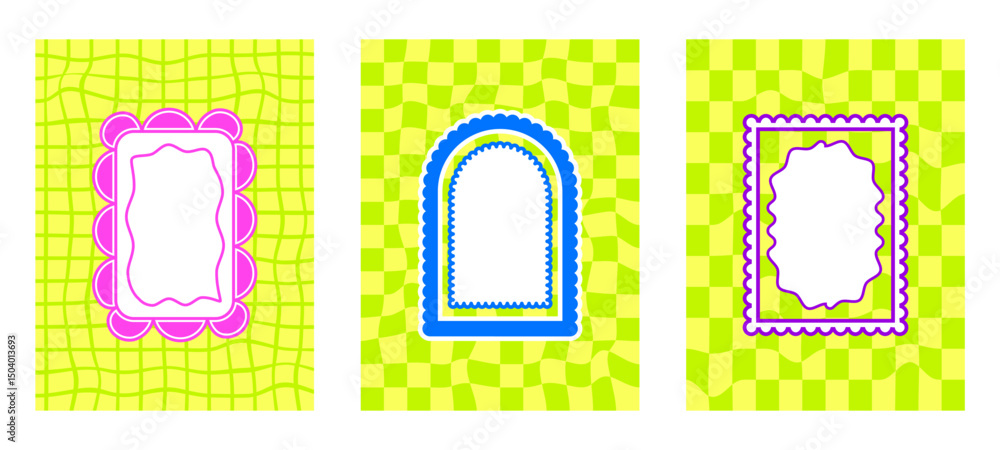 Poster retro funky arch and geometric frames with groovy checkerboard background. set of fun neon colors bo