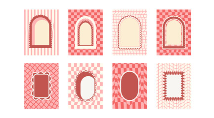 Retro coquette frames with groovy checkerboard background. Set of fun kid borders with scallop wavy edges. Text boxes and callout templates for invitation. Vector abstract doodles cadres.