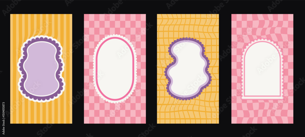 Poster social media post with funky frames with groovy checkerboard background. set of fun kid borders with
