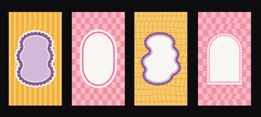Social media post with funky frames with groovy checkerboard background. Set of fun kid borders with scallop wavy edges. Text boxes templates for invitation. Vector abstract doodles cadres.