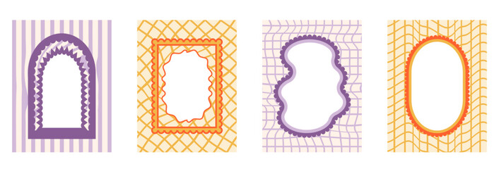 Retro funky frames with groovy checkerboard background. Set of fun kid borders with scallop wavy edges. Text boxes and callout templates for invitation. Vector purple and orange vintage doodles.
