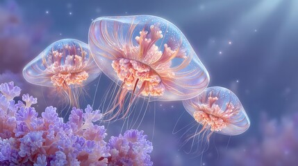 Obraz premium Elegant Pink Jellyfish Trio Underwater Scene Ocean Life Marine Wildlife Coral Reef Sof