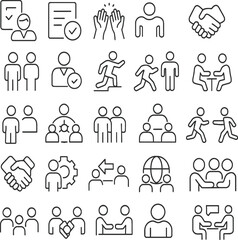 Fototapeta na wymiar Teamwork, Partnership, Collaboration A Collection of Line Icons Depicting Business Relationships and Group Dynamics