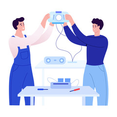 A flat style illustration showing engineer assembling
