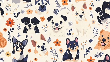 Obraz premium Floral Companions: Seamless Pattern of Illustrated Dogs with Botanical Accents