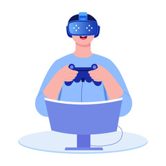 A flat style illustration showing person doing virtual gaming