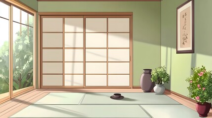 Minimalist Japanese tea room with tatami mats and sliding doors