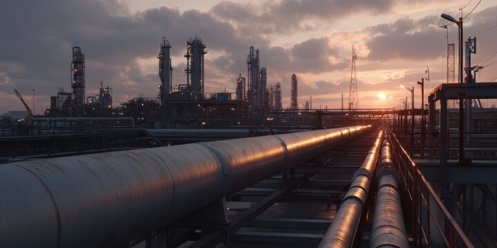 Rusty Industrial Pipelines at Sunset with Refinery Background