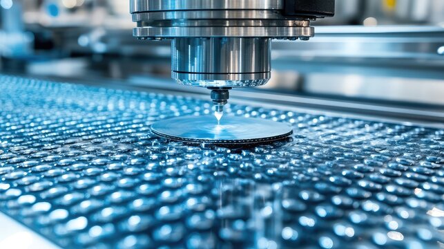 Close-up of silicon wafers being processed in a semiconductor manufacturing plant