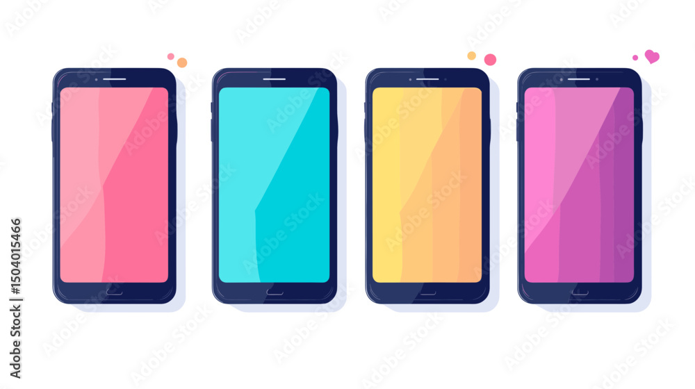 Poster collection of colorful smartphones with vibrant screens displayed in a row on white background