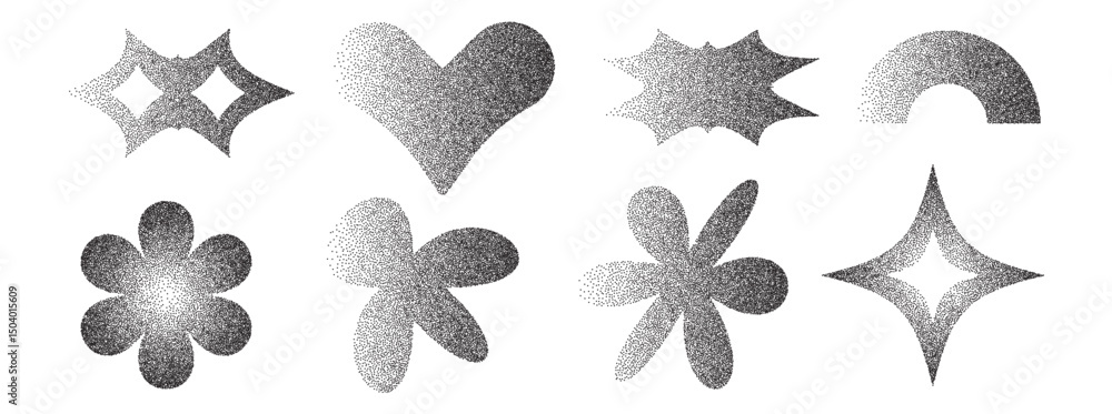 Poster geometric figures with grain noise gradient texture. y2k retro stippling forms set. heart, arch and 