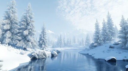 Frozen lake surrounded by snow-covered pine trees beneath pale blue sky