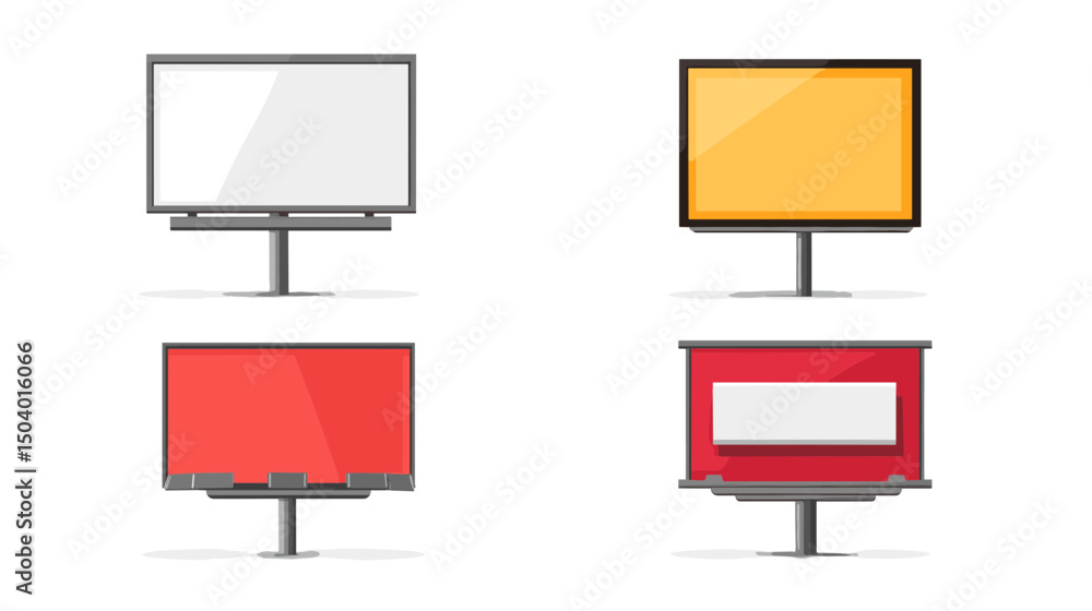 Poster collection of four flat screen monitors in different colors displaying various digital designs