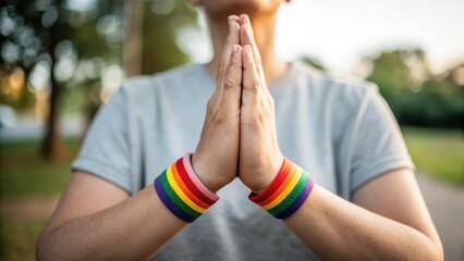 Hands in prayer position wearing colorful bracelets, symbolizing unity and peace.