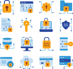 Data Encryption illustration set. Includes of encryption, cybersecurity, data protection, secure data, privacy, lock, padlock, shield, and More. Vector flat color collection